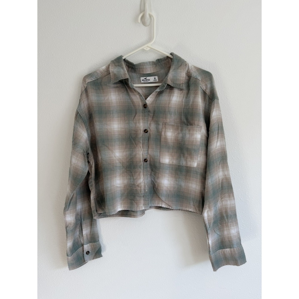 Hollister Womens M Plaid Cropped Flannel Shirt Sage Green Button Down